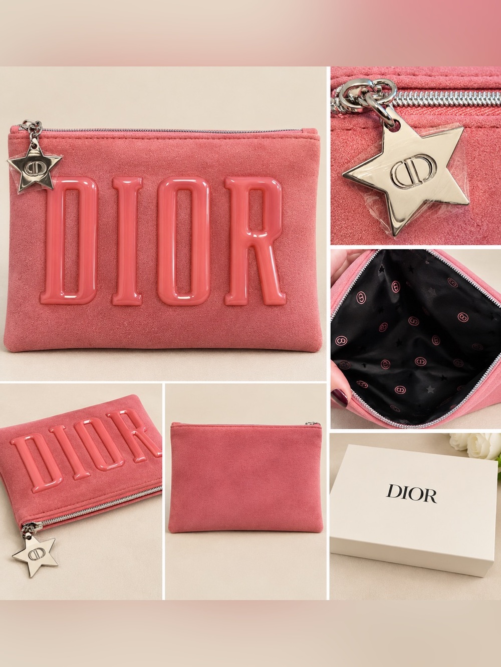 Dior Beauty Pink Logo Pouch Clutch w/ Silver Star CD Charm